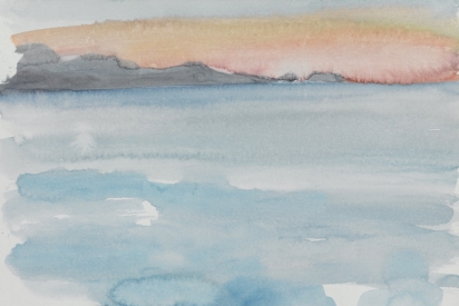 A watercolour painting depicting a coastal sunset, with a dark grey landmass along the horizon edged in soft peach and pink hues, above a pale, hazy blue-gray body of water rendered in loose, translucent washes.